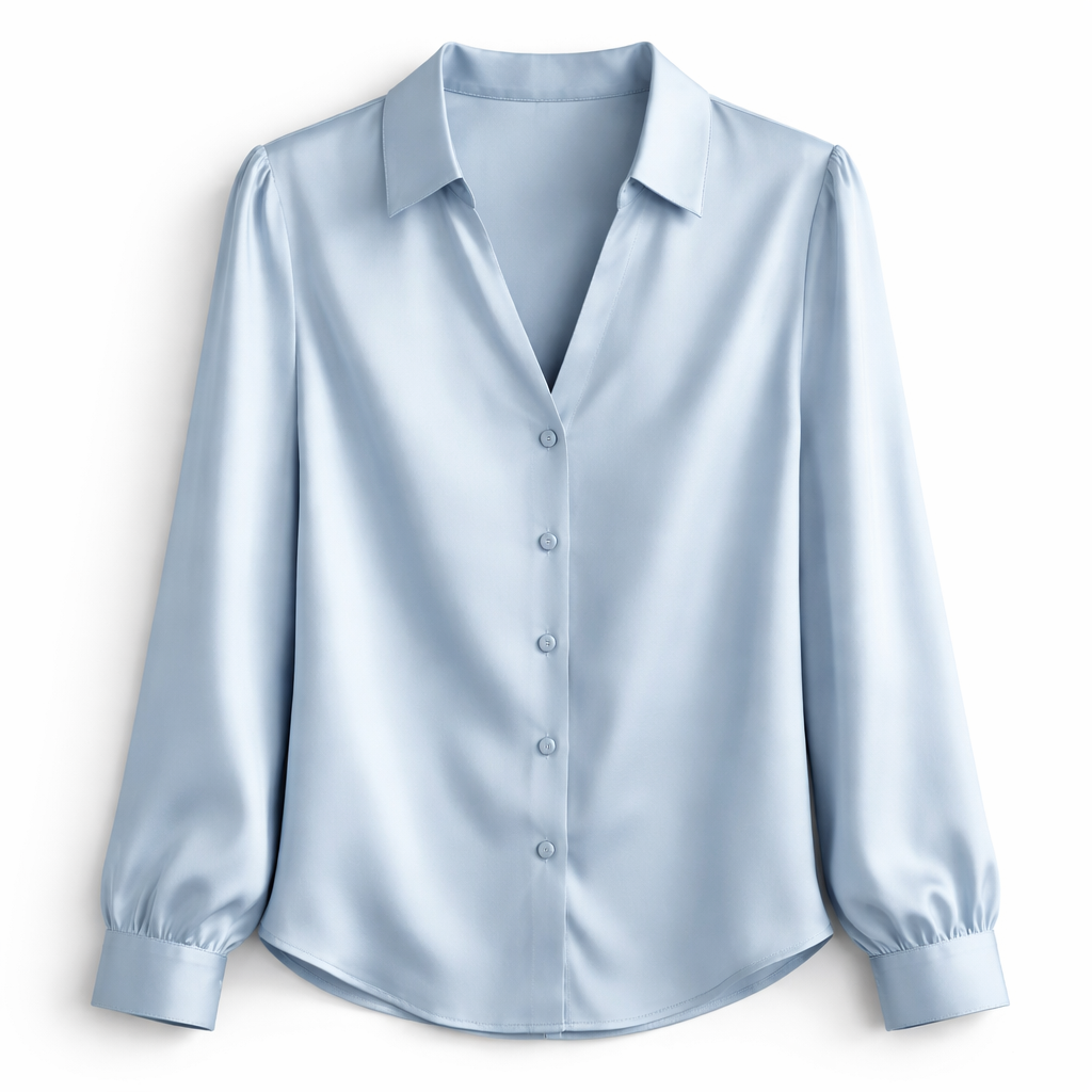 Chemisier femme en soie bleu ciel col V