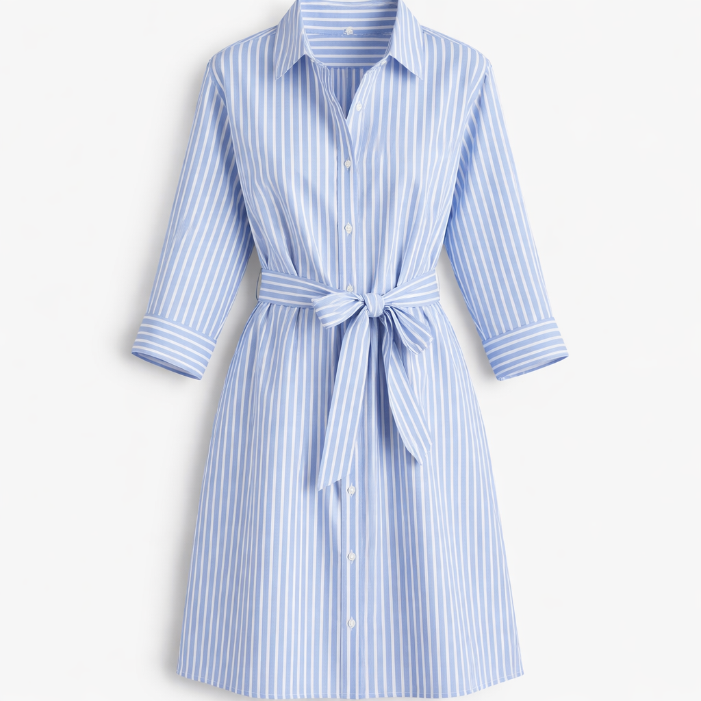 Robe chemise femme en coton bleu à rayures avec ceinture