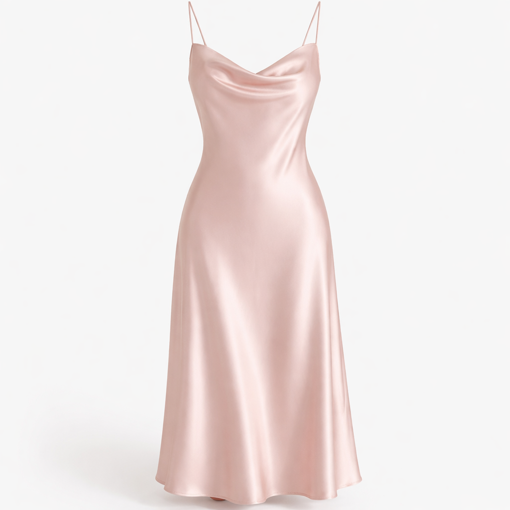 Robe midi en satin rose poudré - coupe fluide et élégante