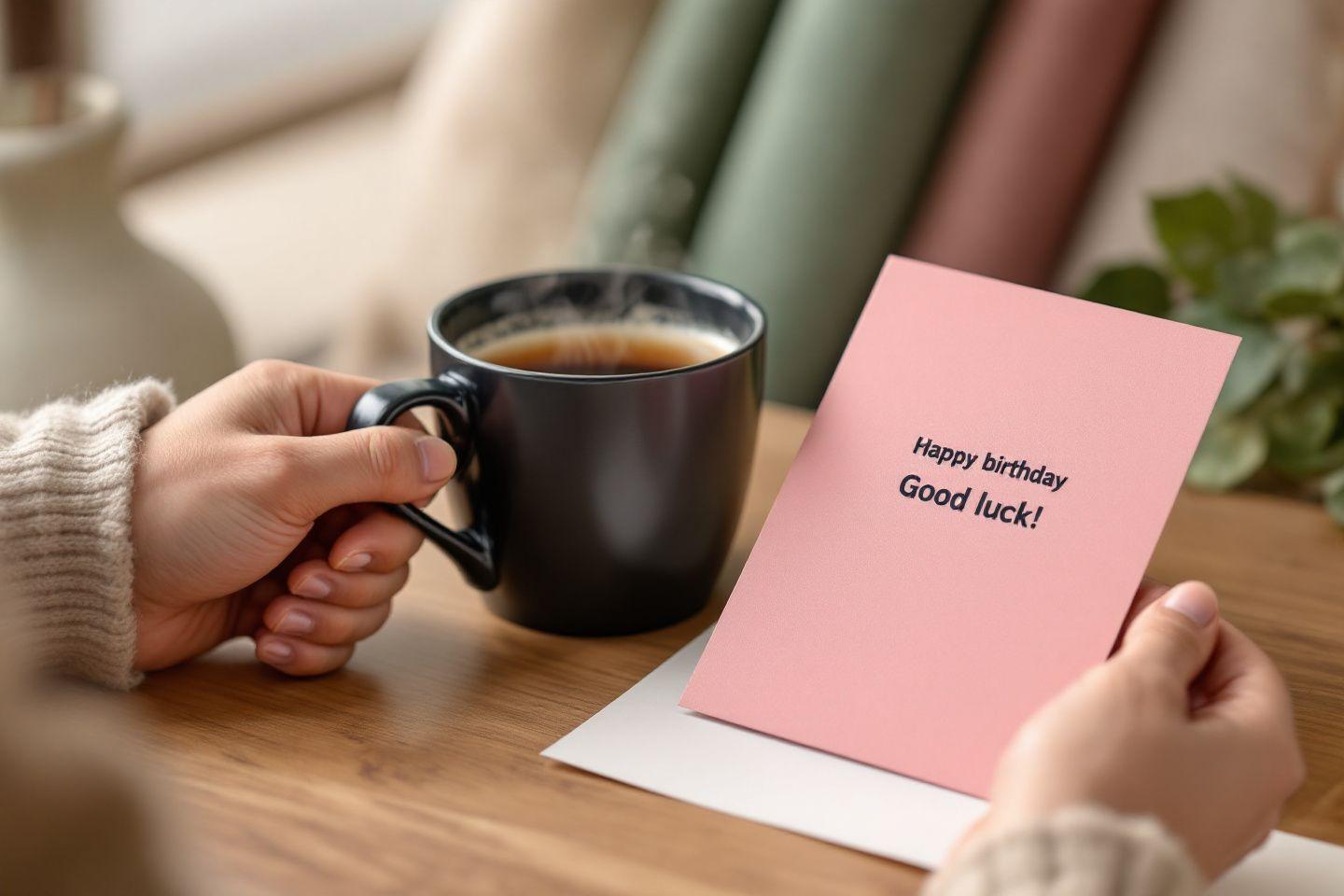 Image d'une carte rose avec le message 'Happy birthday Good luck!', tenue par des mains et d'une tasse de café noir sur une table en bois.
