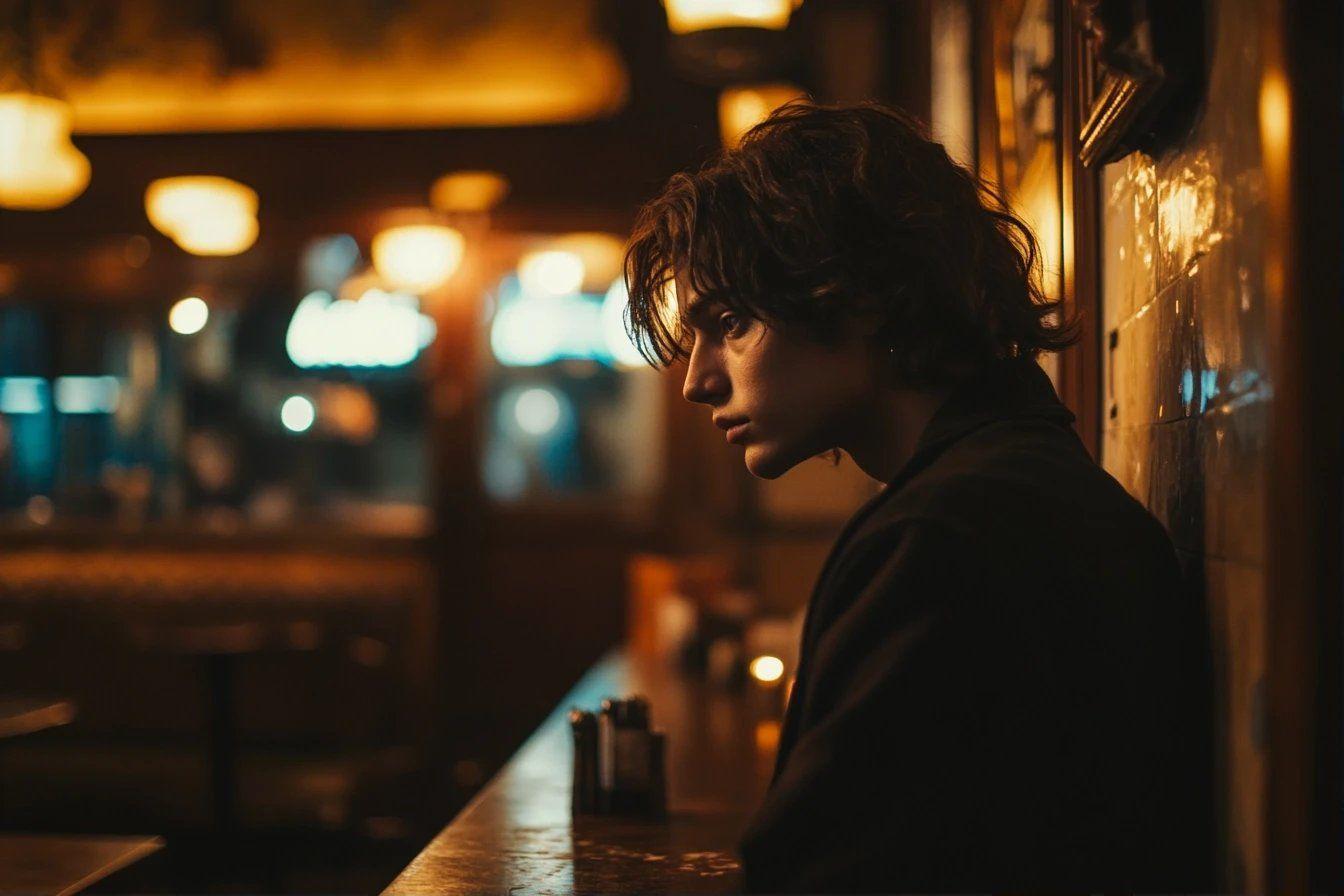 Jeune personne pensive dans un bar sombre et chaleureux