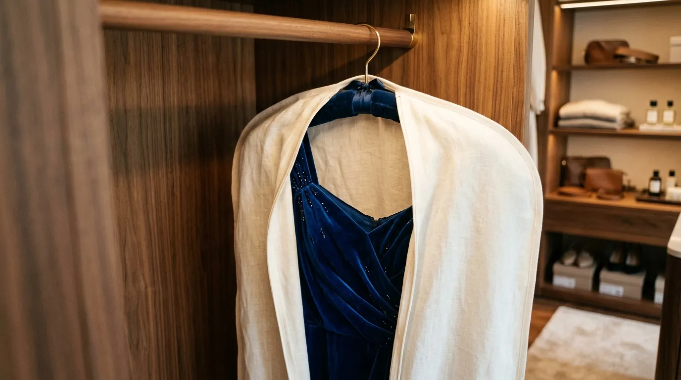 Robe bleu marine sous housse transparente sur cintre bois