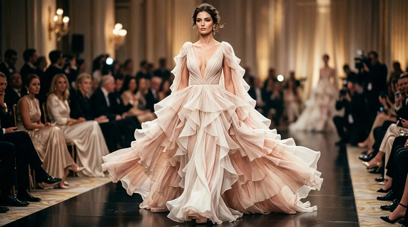 Mannequin en robe de bal rose poudré sur podium