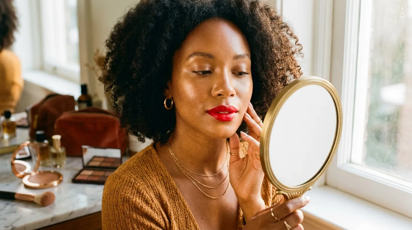 Femme avec maquillage rouge se regardant dans un miroir