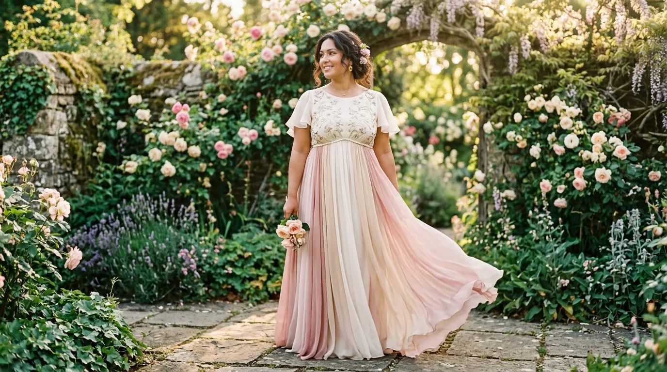 Femme en robe rose pâle dans un jardin fleuri