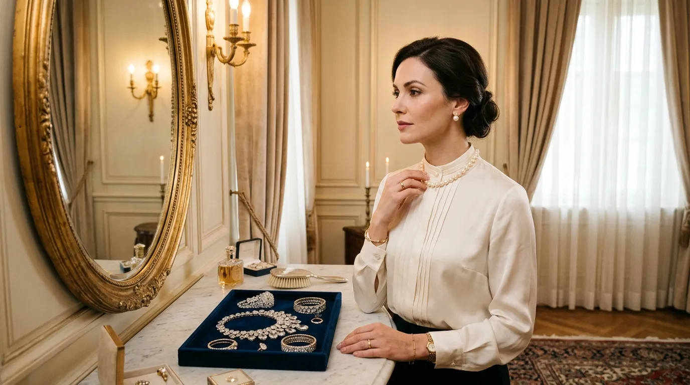 Femme admirant sa collection de bijoux dans un salon luxueux