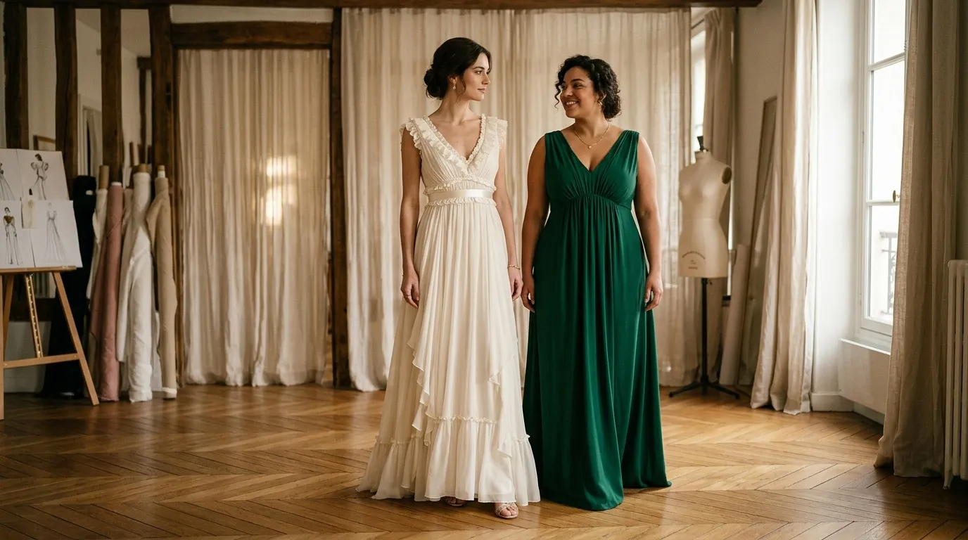 Deux femmes admirent des robes longues dans un atelier de couture.