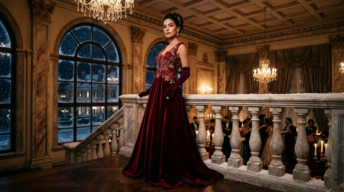 Femme en robe rouge velours dans un palais majestueux illuminé