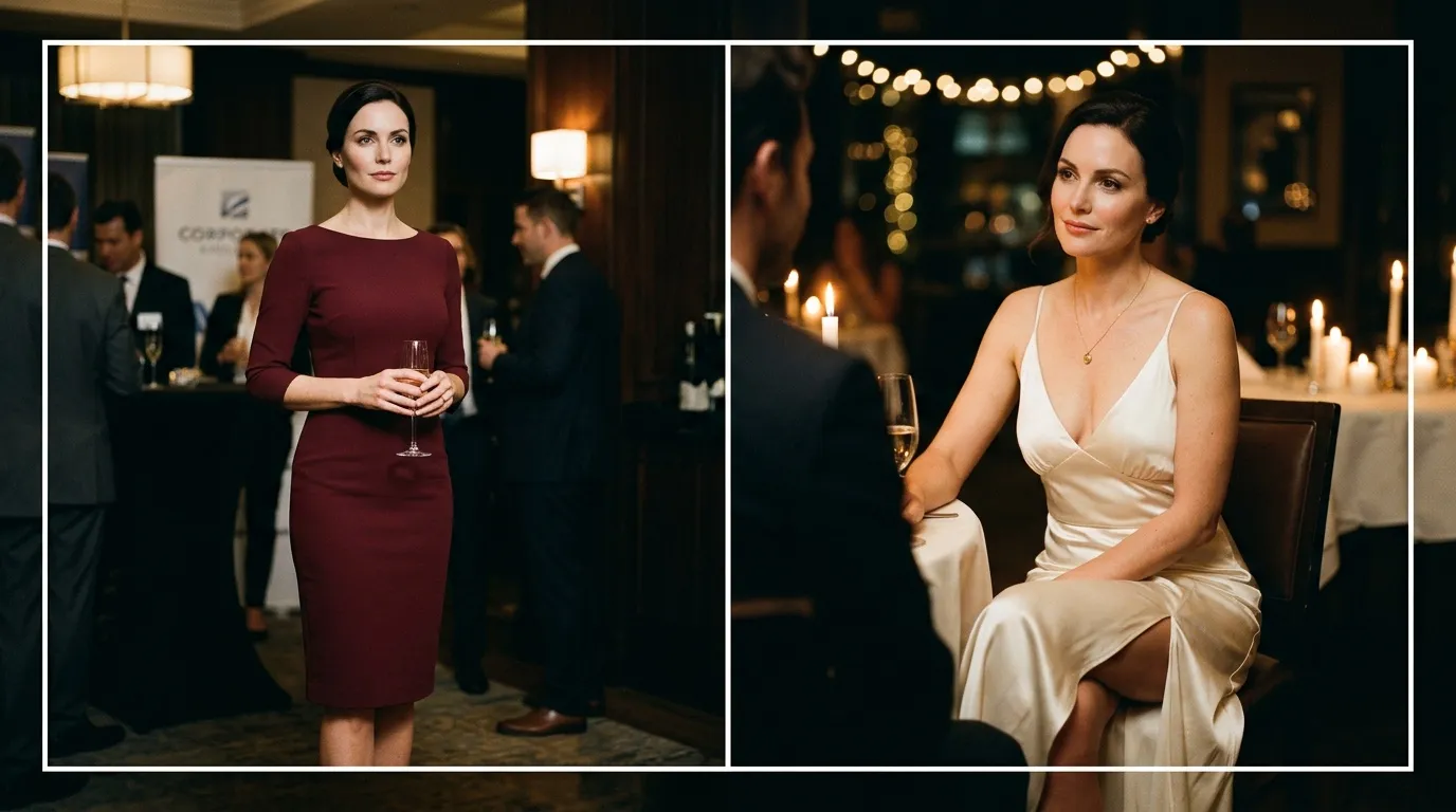 Femme en robe bordeaux et blanche à un événement élégant