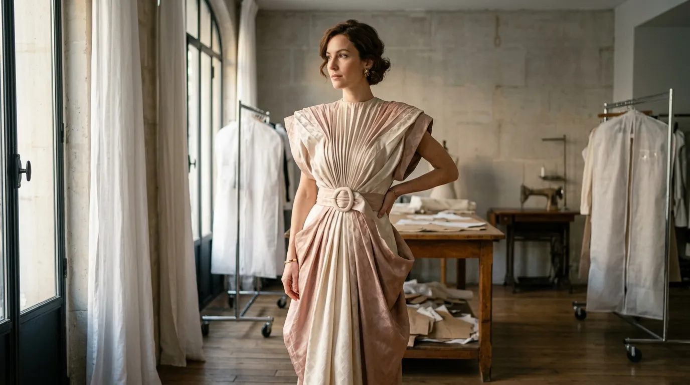 Femme en robe plissée beige dans un atelier textile