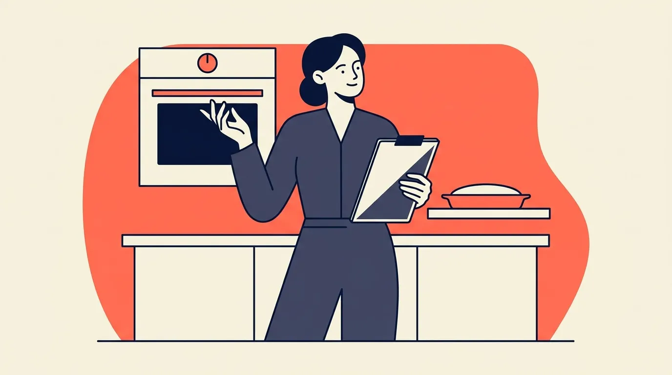 Femme en cuisine avec tablette et four actif