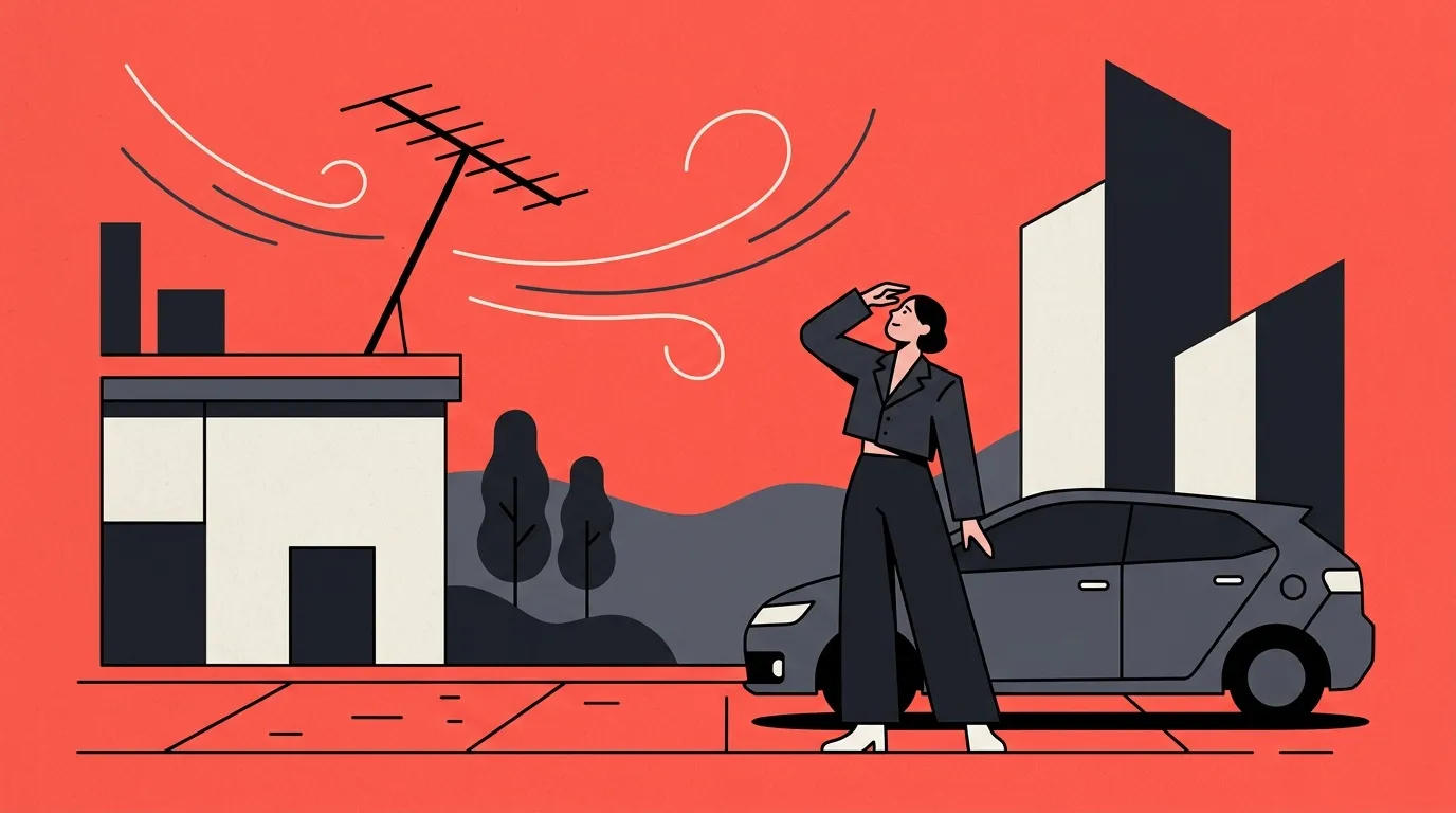 Femme en costume debout pr&egrave;s d'une voiture, regardant vers le ciel