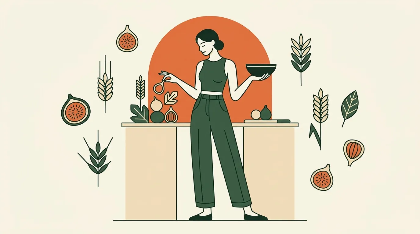 Femme pr&eacute;parant un repas avec fruits, l&eacute;gumes et c&eacute;r&eacute;ales.