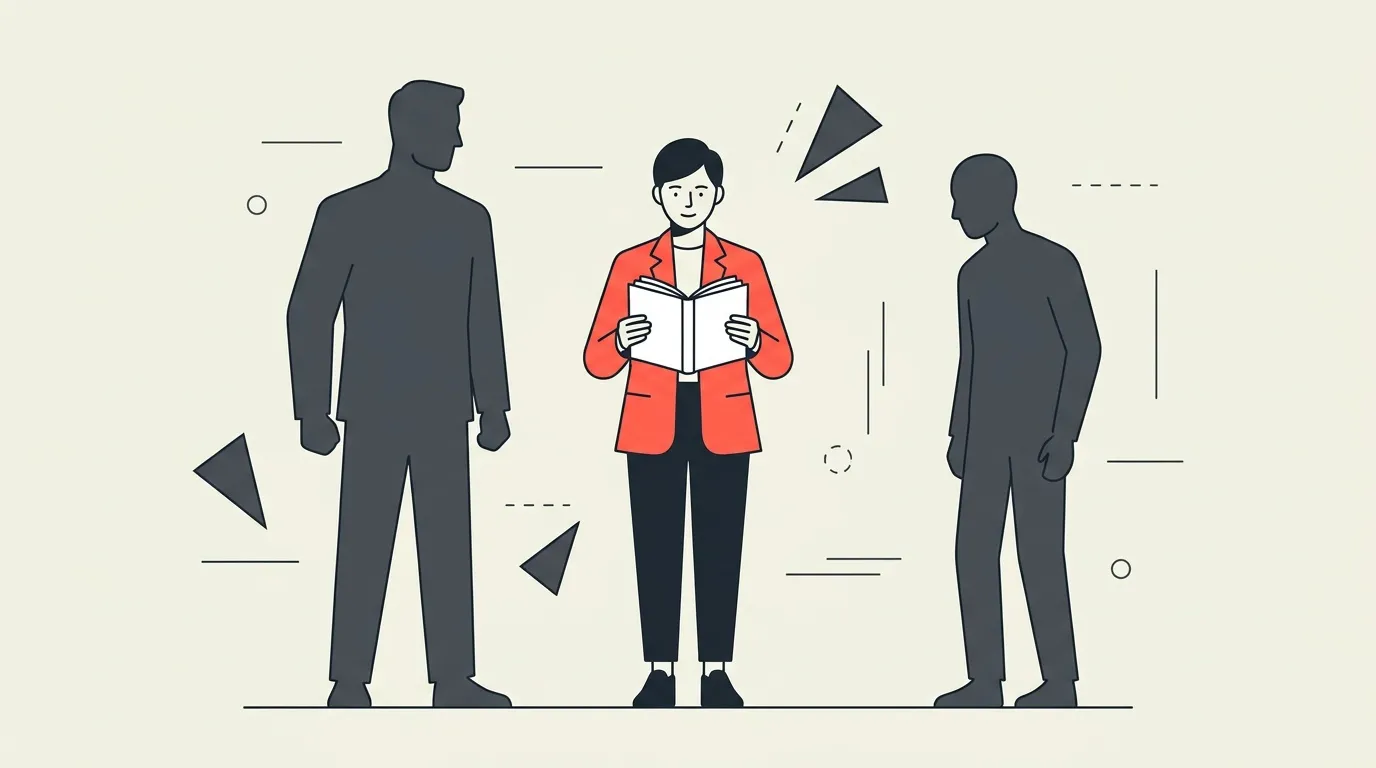 Femme en rouge pr&eacute;sente document &agrave; deux hommes d'affaires