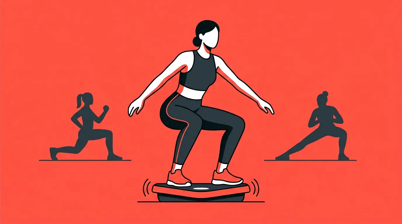 Femme en &eacute;quilibre sur plateau vibrant effectuant des exercices