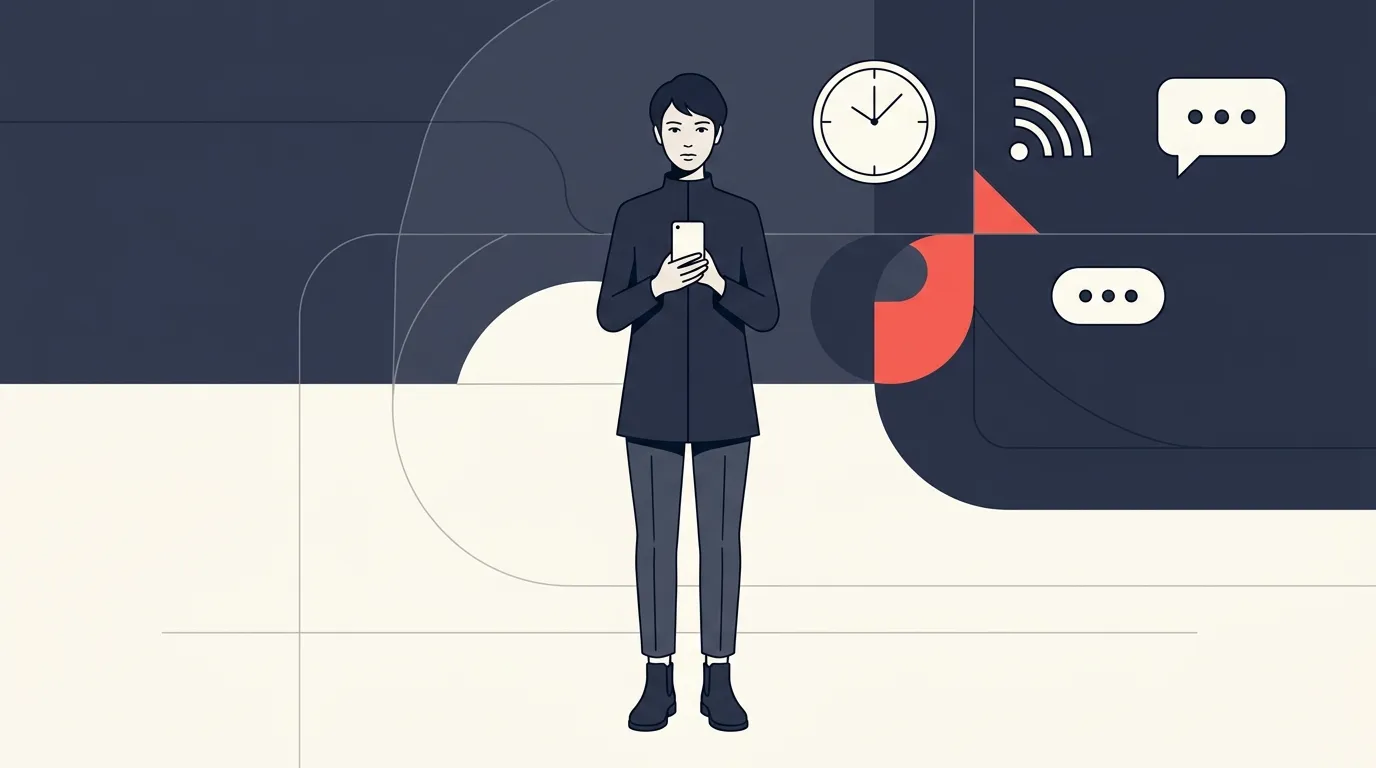 Femme tenant un téléphone entourée d'icônes numériques
