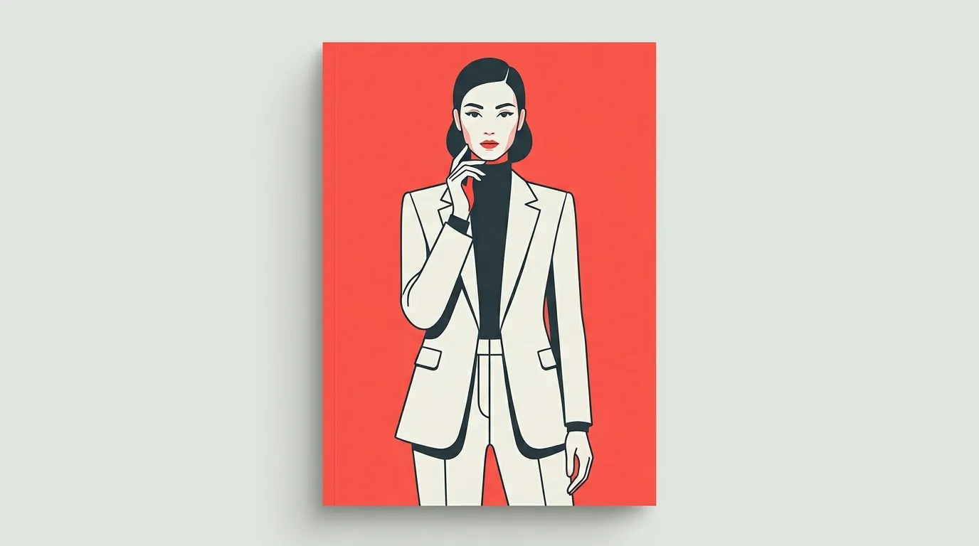 Illustration stylis&eacute;e d'une femme en costume blanc sur fond rouge
