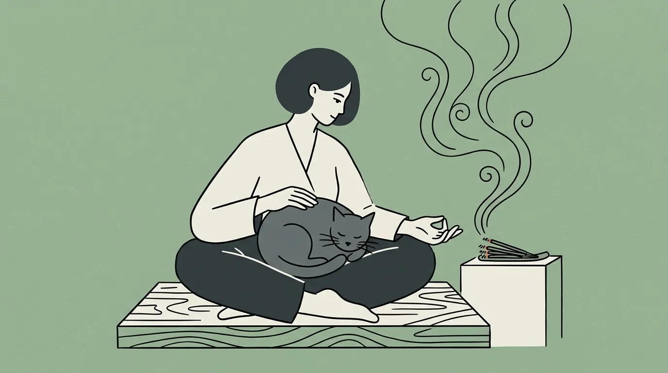 Femme assise en m&eacute;ditation tenant un chat gris endormi