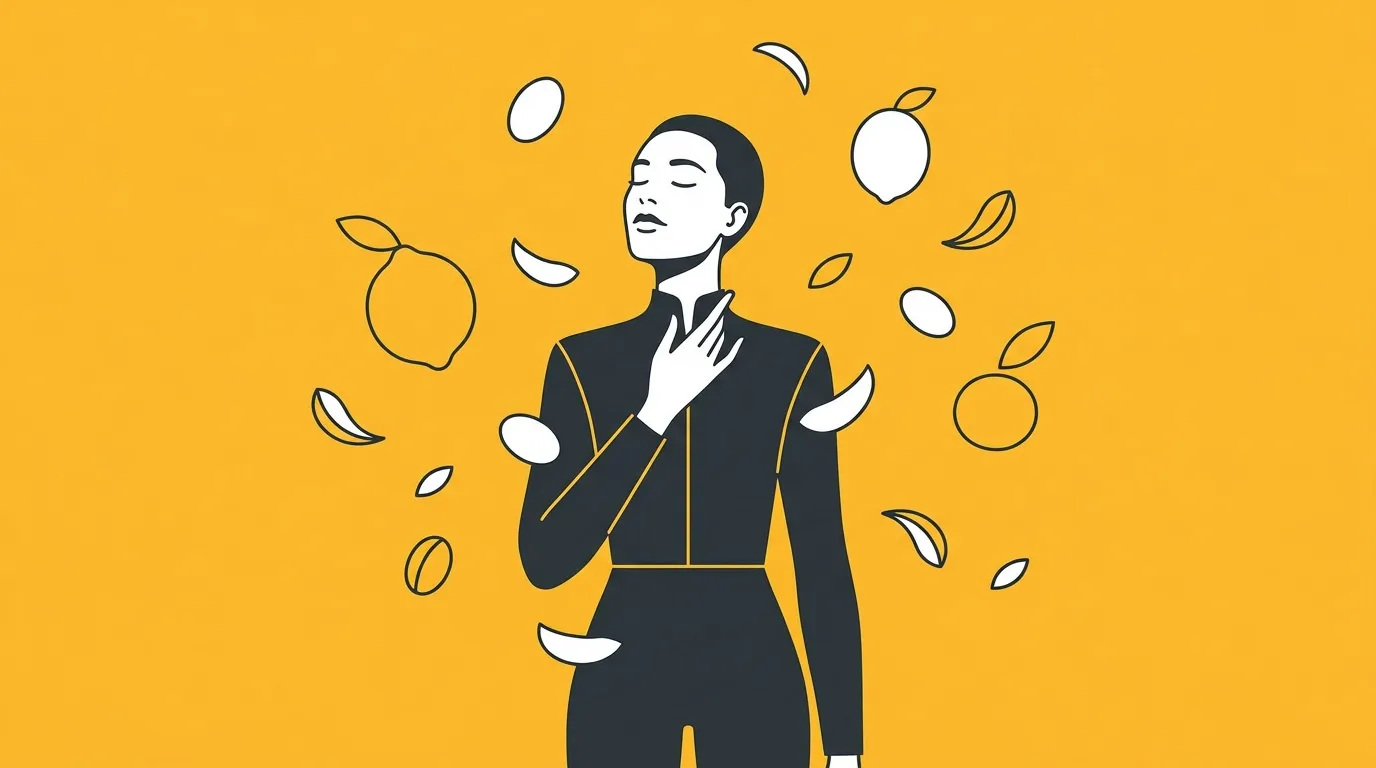 Femme souriante entour&eacute;e de fruits frais color&eacute;s