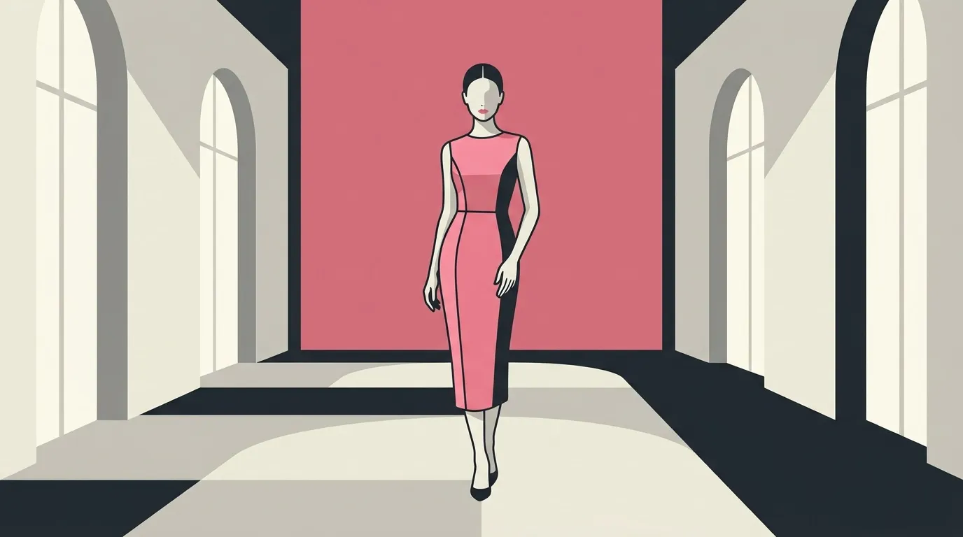 Femme en robe rose sur un podium de mode minimaliste