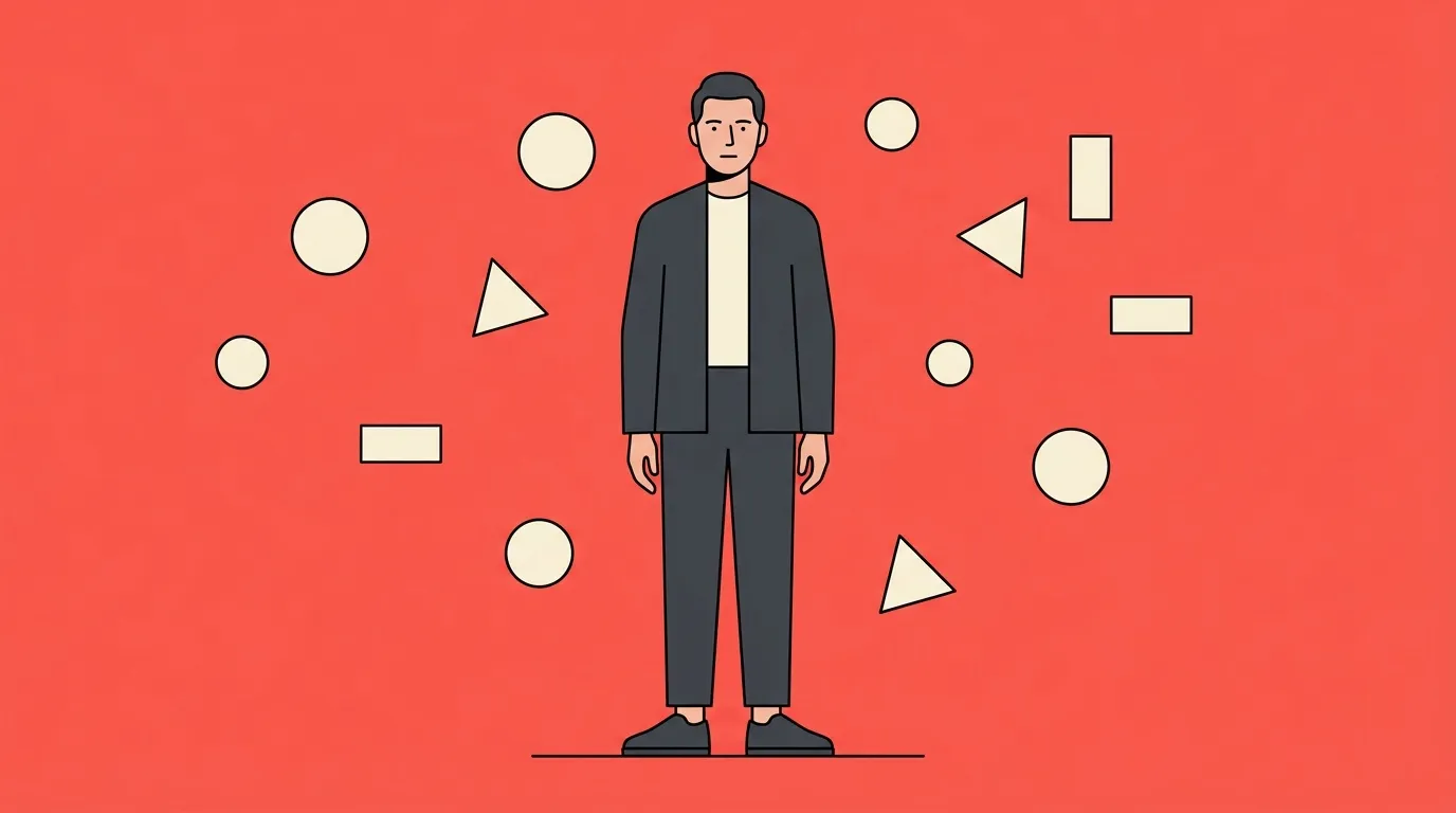 Homme en costume gris sur fond rouge avec formes g&eacute;om&eacute;triques