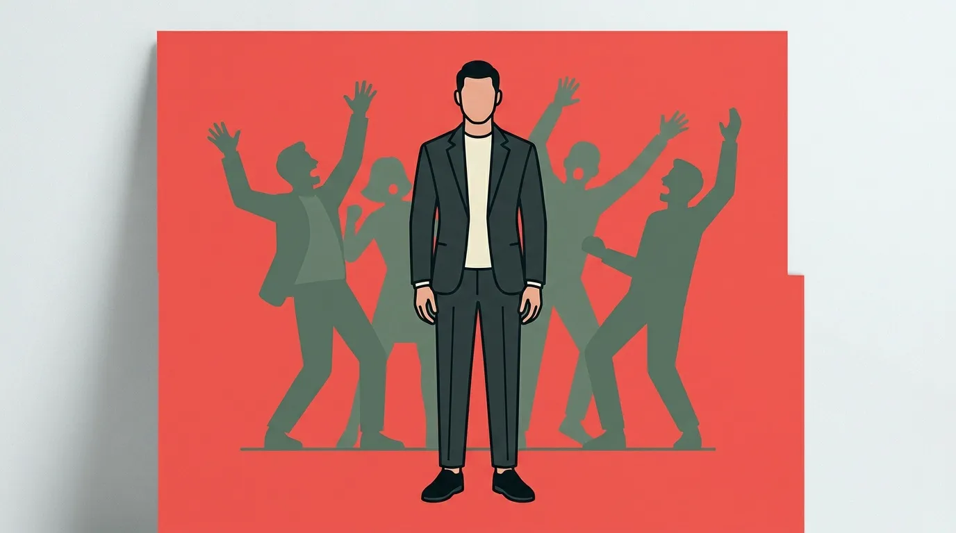 Homme en costume entouré de silhouettes célébrant avec les bras levés