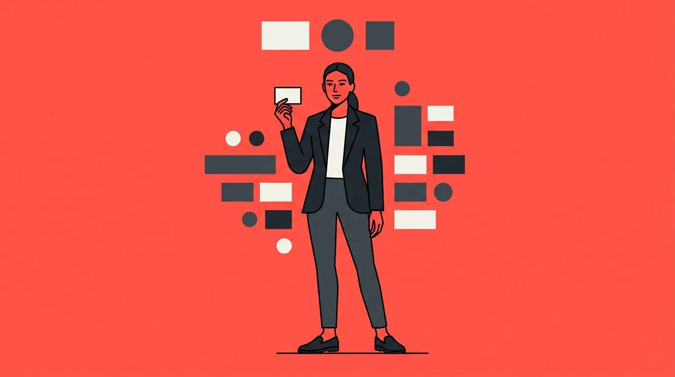 Femme en costume tenant tablette entour&eacute;e d'&eacute;l&eacute;ments graphiques