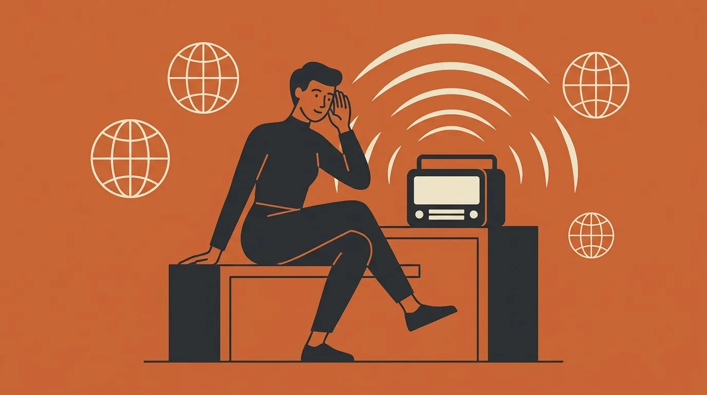 Personne utilisant la radio avec symboles de connectivit&eacute; globale