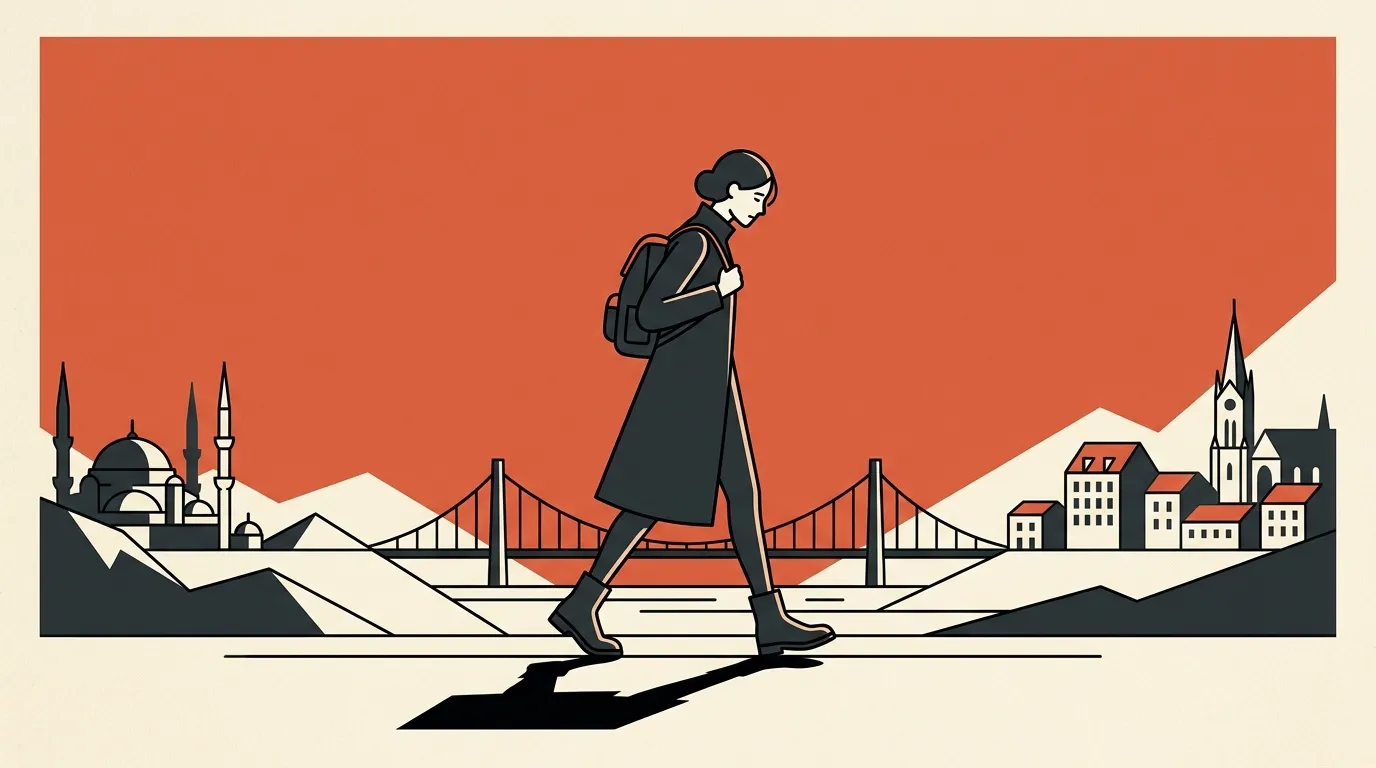 Femme marchant entre une ville orientale et européenne avec pont.