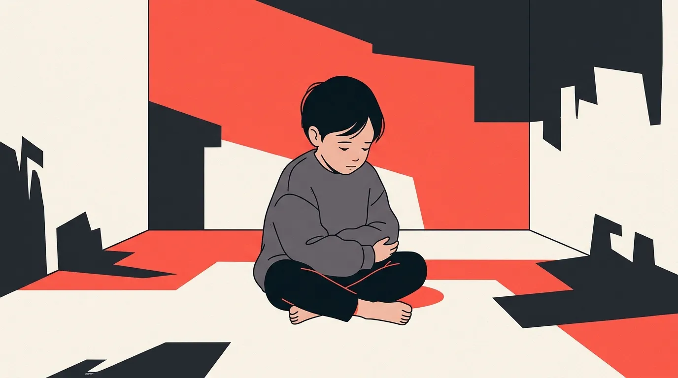 Enfant assis seul dans un décor urbain rouge et noir