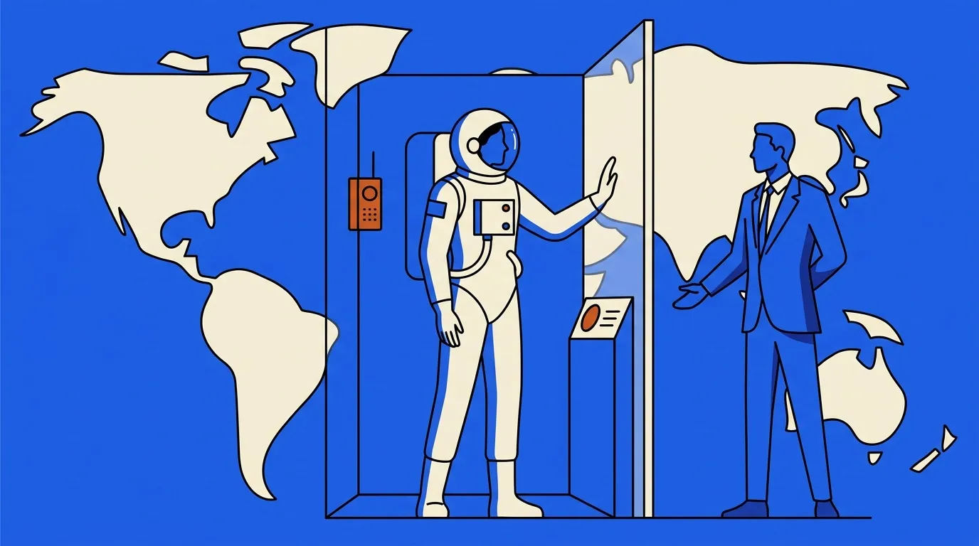 Astronaute et homme d'affaires communiquent à travers écran global