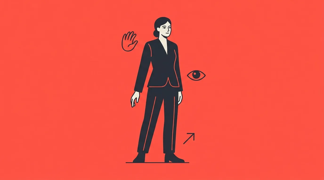 Illustration femme en costume noir avec symboles de vision et succès