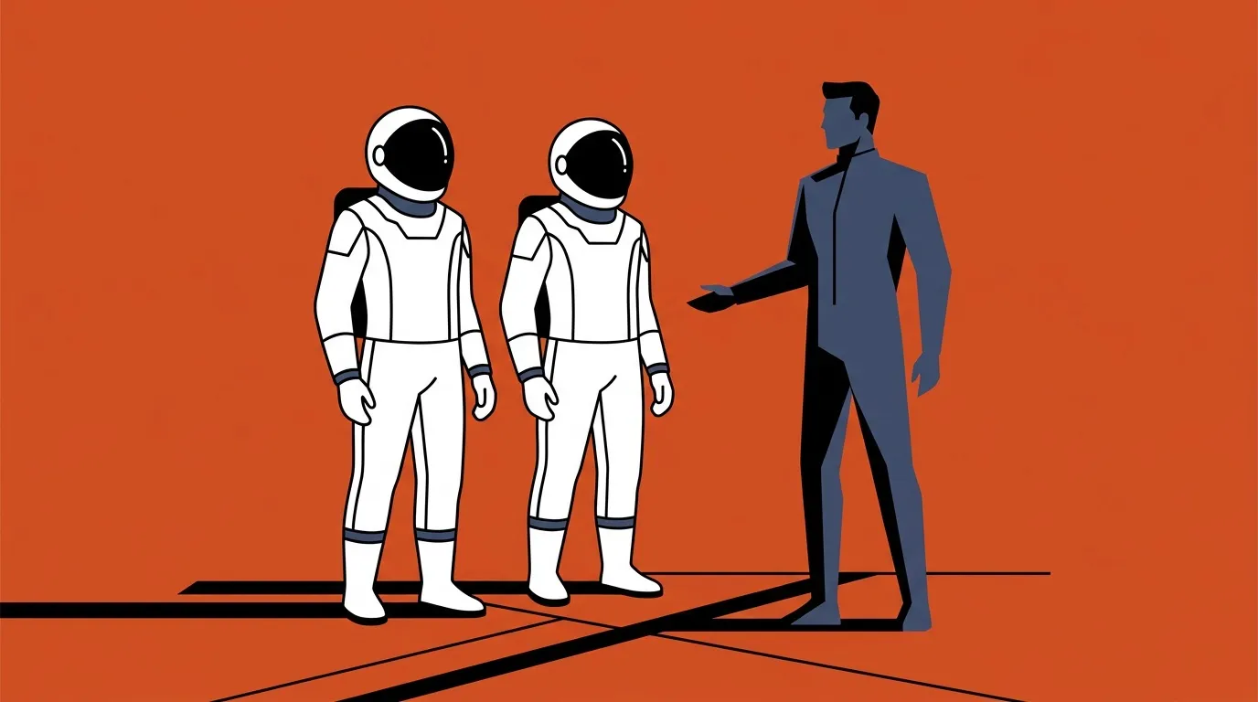 Un homme en costume bleu discute avec deux astronautes en combinaison blanche