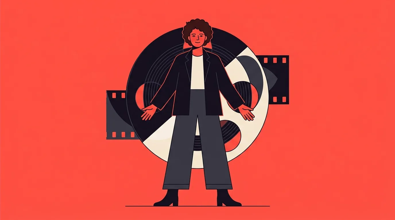 Femme en costume devant bobine film rouge