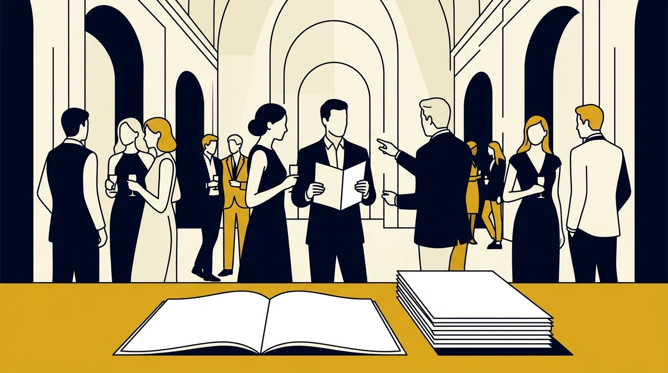 Groupe de professionnels discutant dans un hall architectural avec documents
