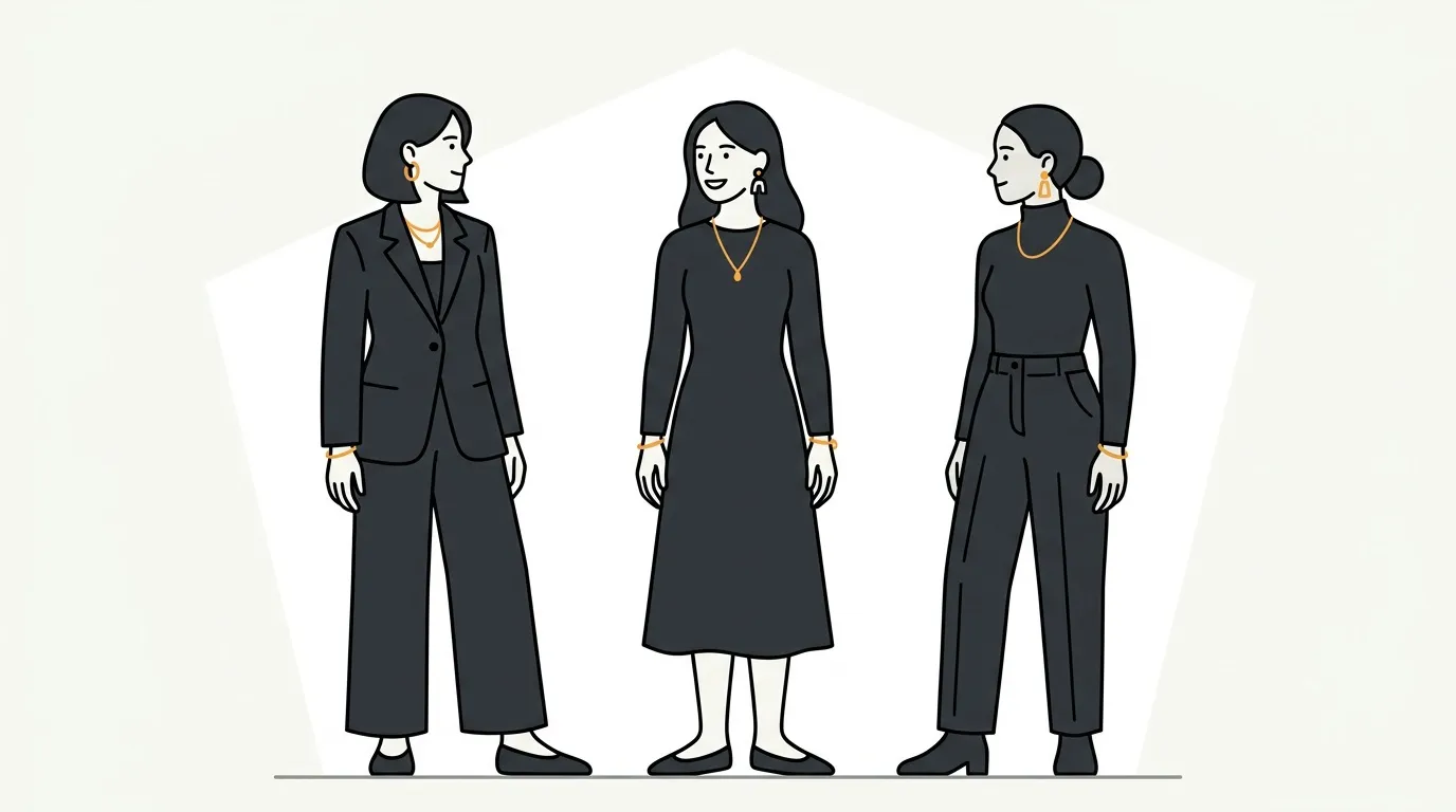 Trois femmes portant des v&ecirc;tements professionnels noirs et accessoires dor&eacute;s