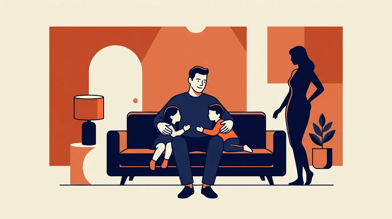 Père avec deux enfants assis sur canapé, mère debout