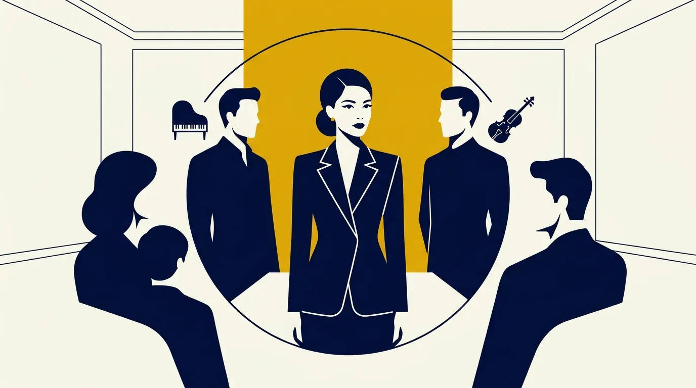 Femme leader au centre entour&eacute;e de cinq professionnels en silhouette