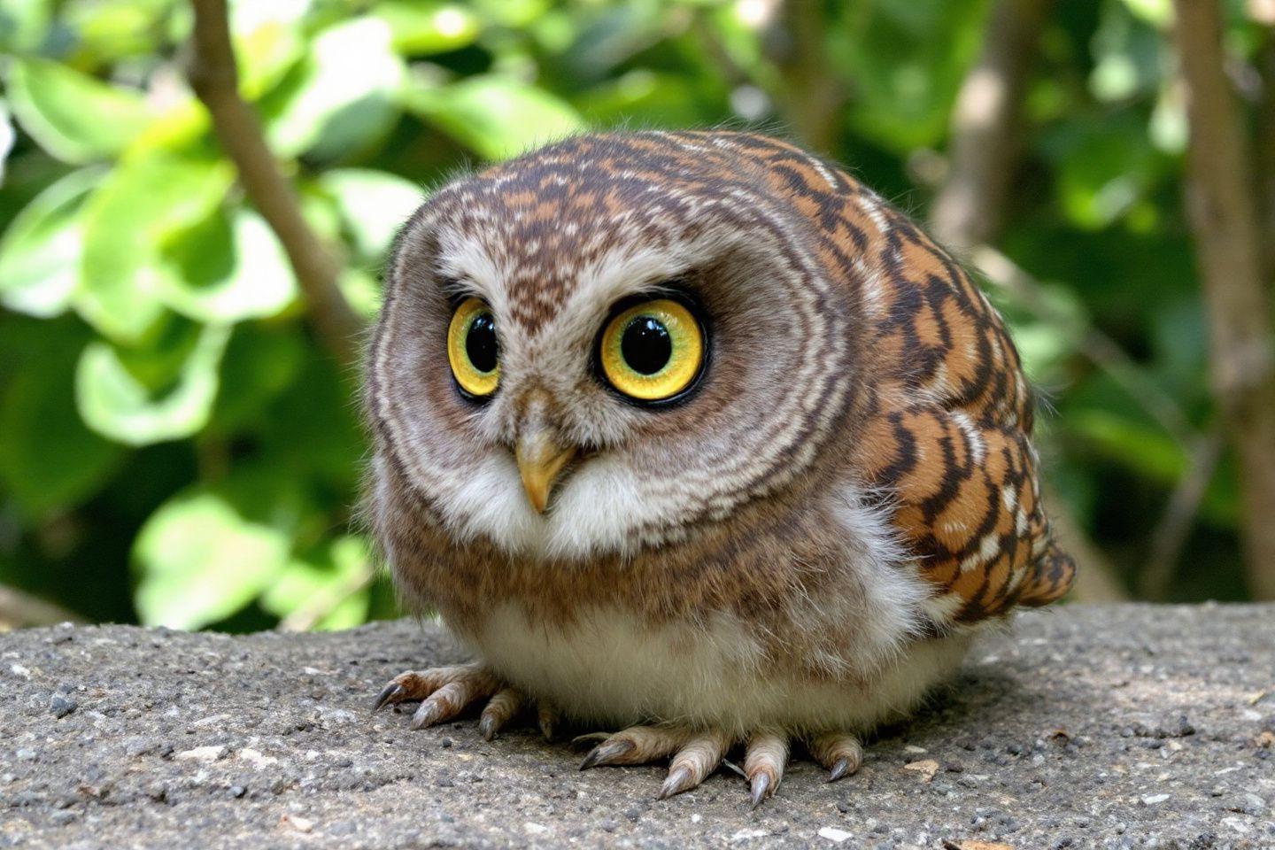 Gros plan sur un hibou mouchet&eacute; aux yeux jaunes dans un environnement verdoyant
