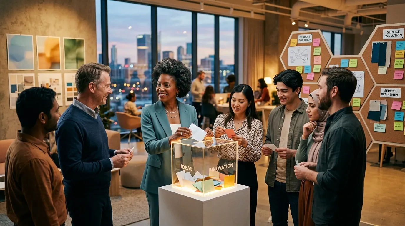 Groupe de professionnels discutant autour d'une boîte à idées