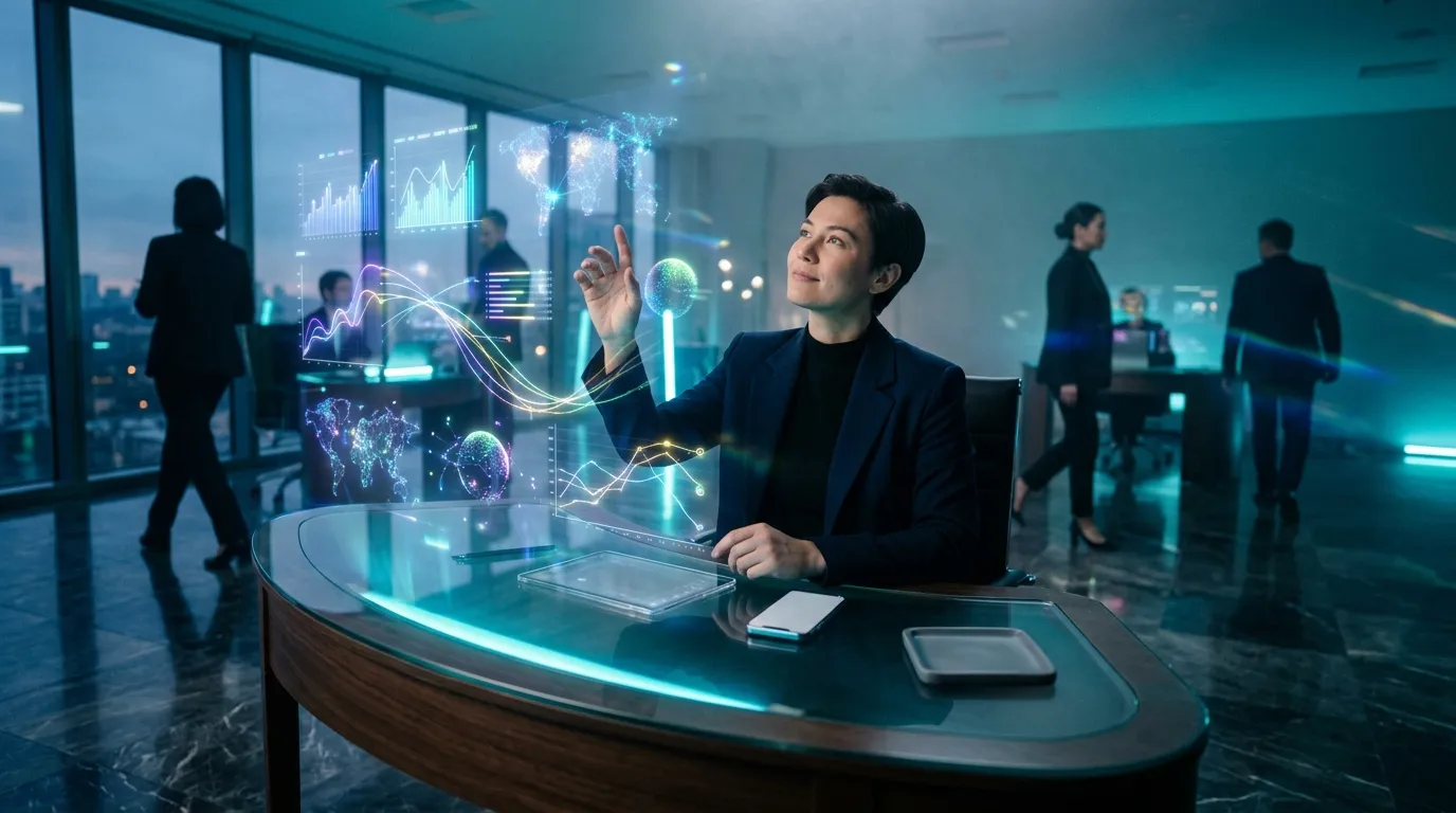 Homme d'affaires interagit avec données holographiques futuristes