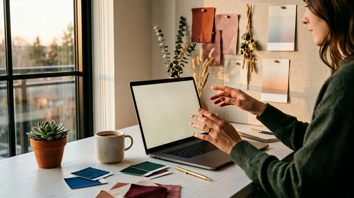Femme travaillant sur laptop avec &eacute;chantillons couleur et d&eacute;coration