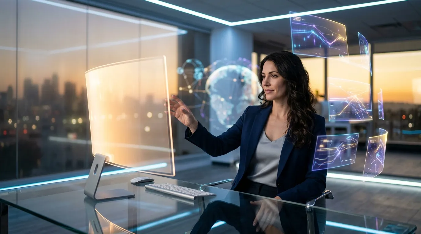 Femme professionnelle interagissant avec interfaces holographiques futuristes