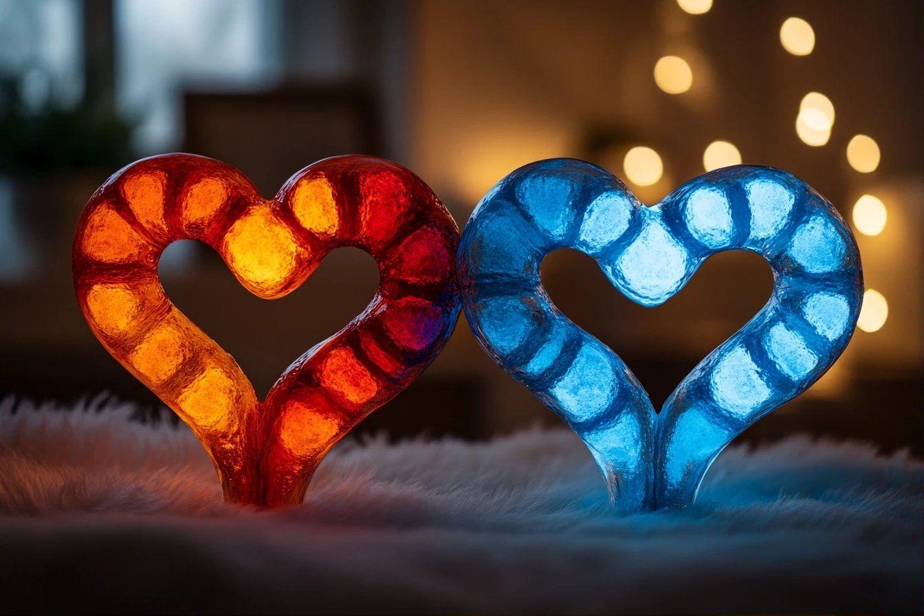 Deux c&oelig;urs translucides rouge et bleu sur fond lumineux