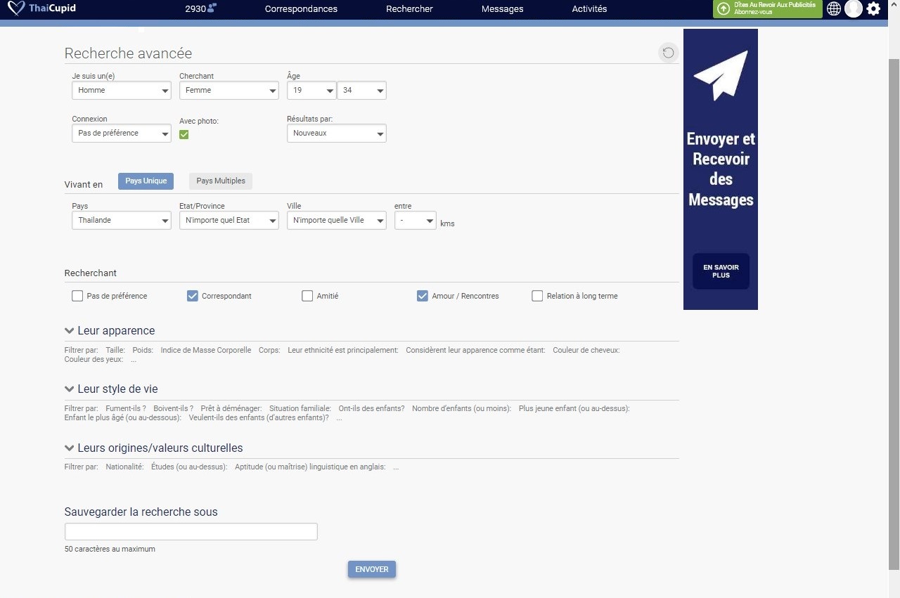 L'outil de recherche avancée sur Thai Cupid