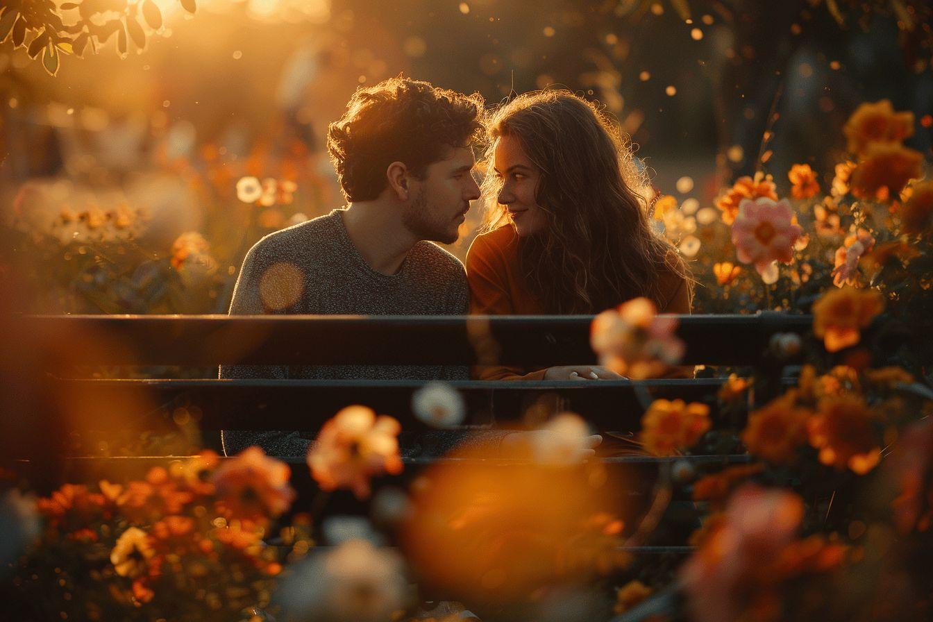 Deux personnes enlac&eacute;es sur un banc entour&eacute; de fleurs au coucher du soleil