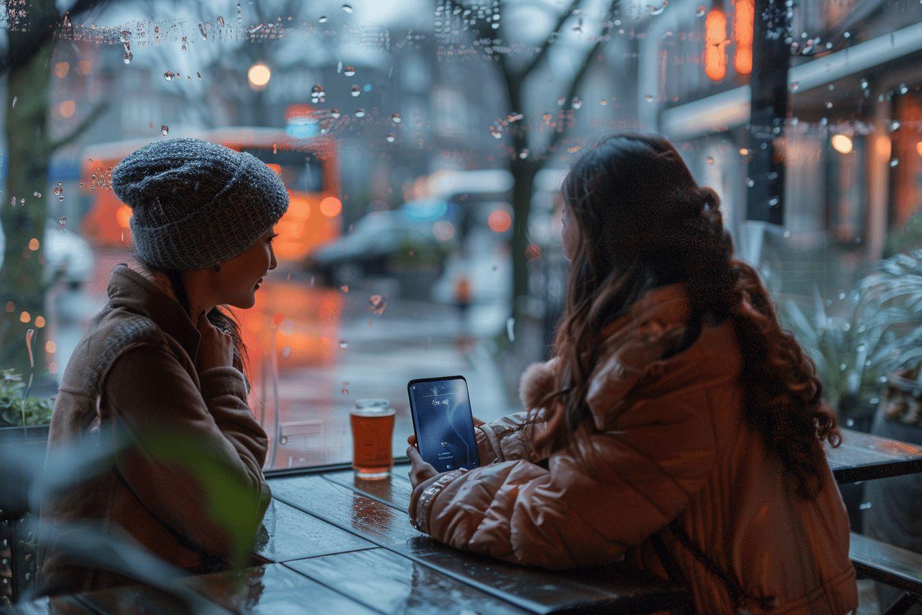 Deux personnes buvant des bi&egrave;res dans un bar, regardant leurs smartphones, sous la neige