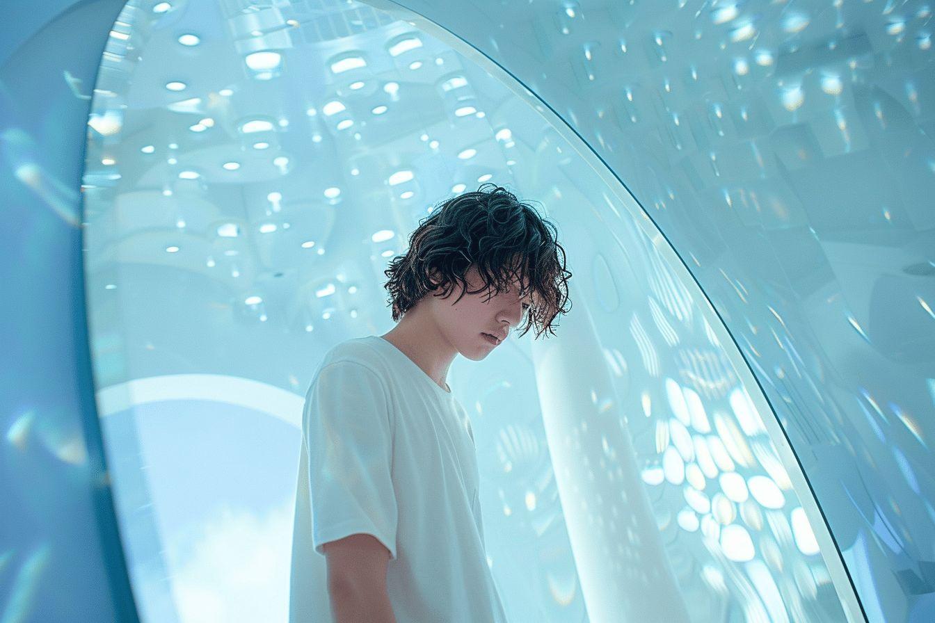 Portrait d'un jeune homme dans un environnement aquatique et bleuté