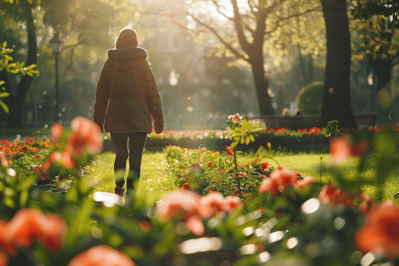 Personne en manteau marchant dans un jardin coloré et lumineux