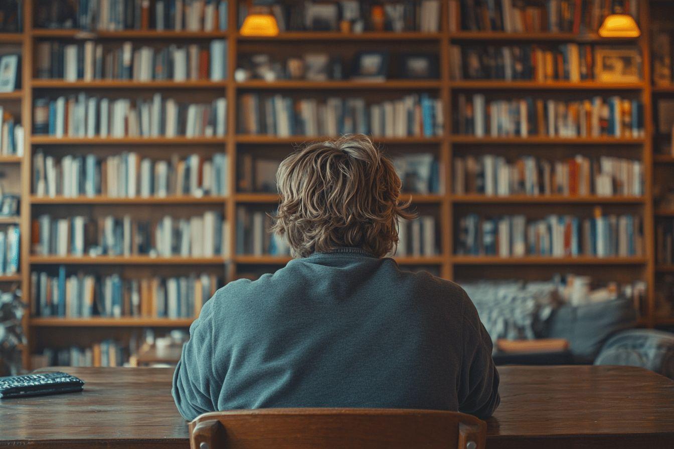 Dos d'une personne assise face à des étagères de livres